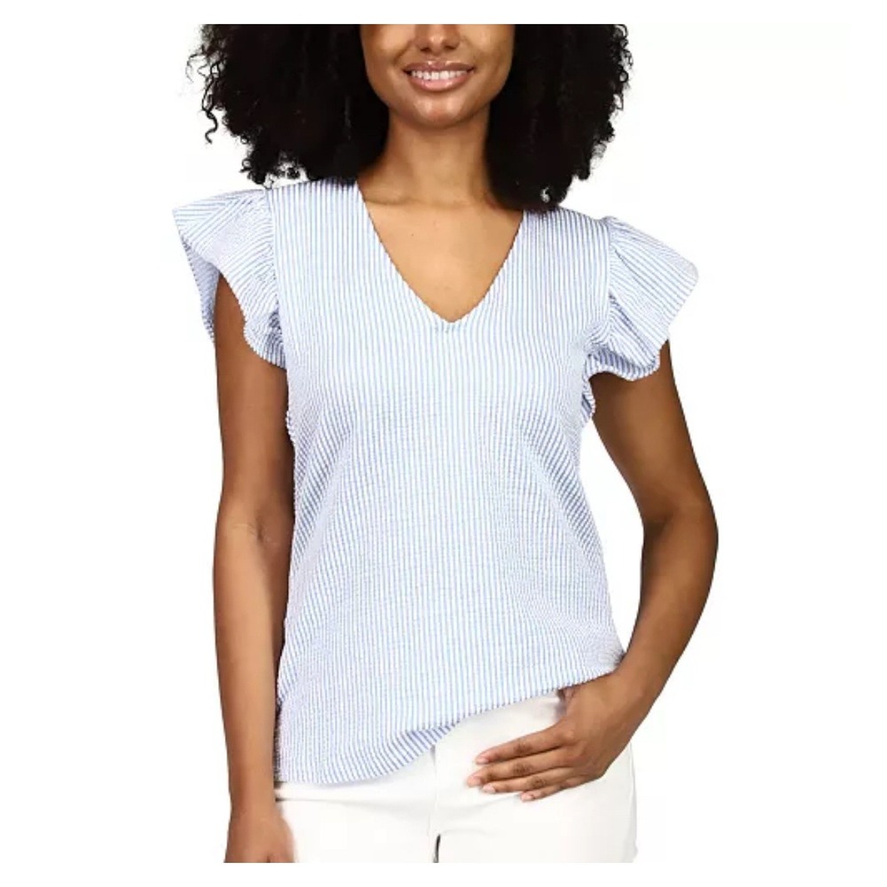 Michael Kors Blue Striped‎ Seersucker Flutter Sleeve V-Neck Top Blouse